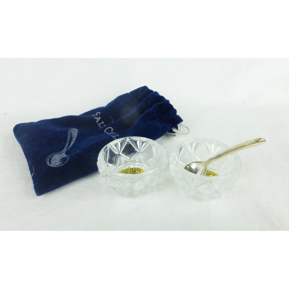 Vtg Salt Cellars w/spoons‎ handmade glass Bohemia Czech Republic set of 2